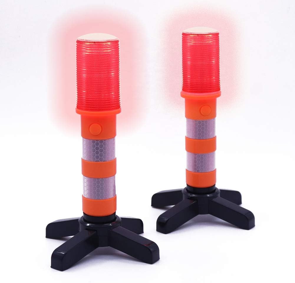 Aolyty 2 LED Emergency Roadside Flashing Flares Red Roadside Beacon Safety Strobe Light Road Warning Magnetic Base Signal Alert Upright Stand Storage Case