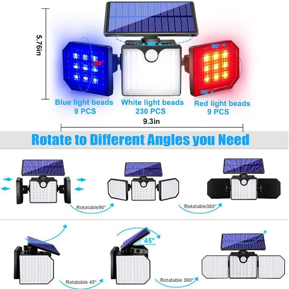 Aolyty Solar Motion Sensor Lights - IP65 Waterproof Solar Strobe Wall Lights with White, Red & Blue Flashing for Patio & Yard