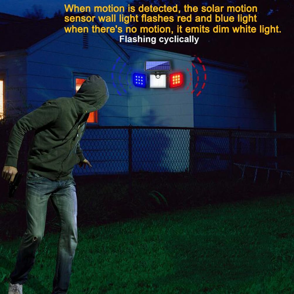 Aolyty Solar Motion Sensor Lights - IP65 Waterproof Solar Strobe Wall Lights with White, Red & Blue Flashing for Patio & Yard