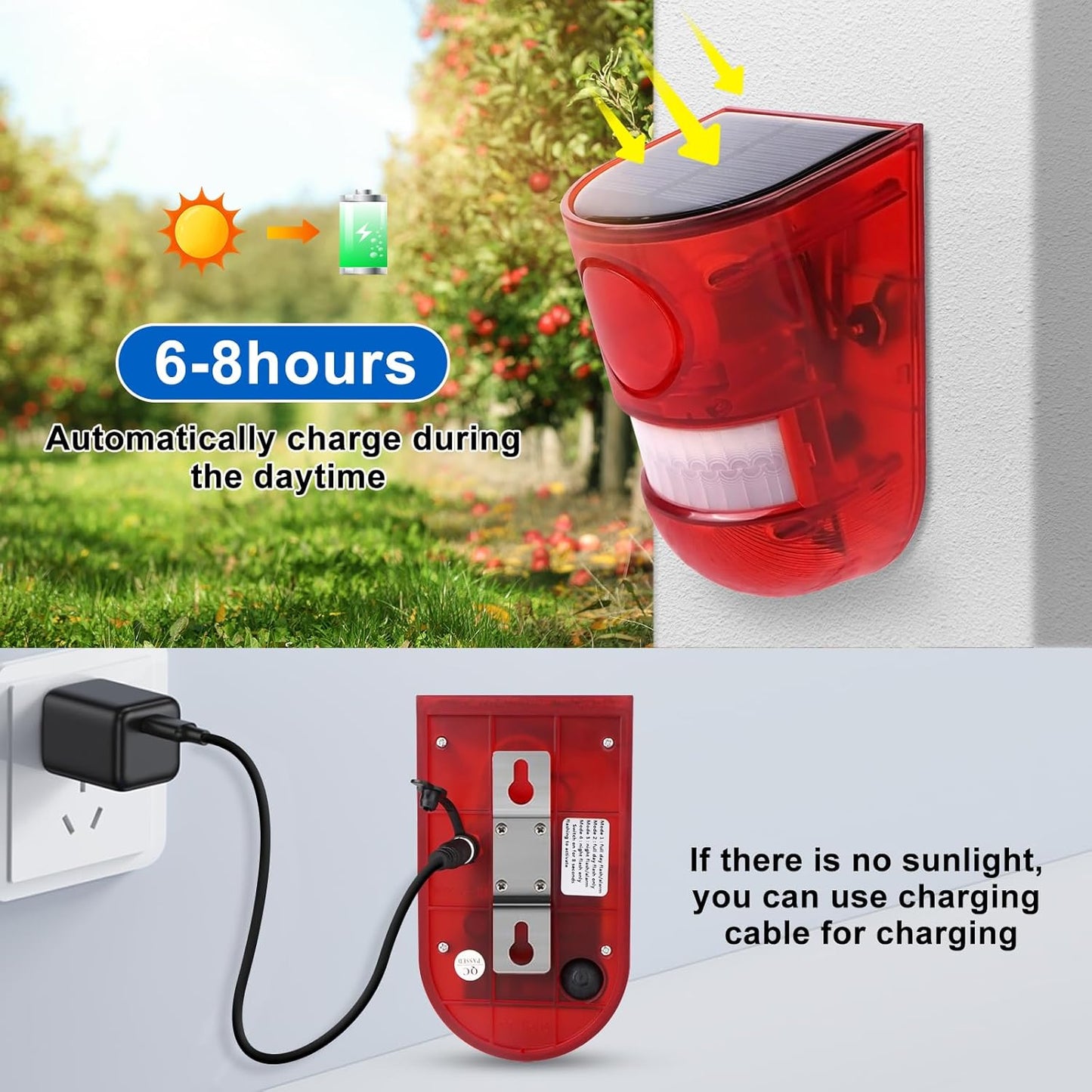 Aolyty Solar Motion Sensor Detector Siren Sound Alarm LED Warning Strobe Flashing Red Light Security Outdoor Waterproof Device Keep Animal Away for Home Warehouse Farm (Red Lampshade)