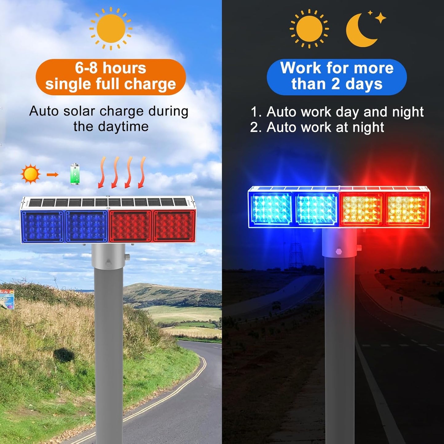 Aolyty Solar Strobe Light, Bright Red & Blue Light Flashing IP65 Waterproof Solar Warning Light Double-Sided Security Lights 2 Modes 160LEDS for Construction Site, Dock, Crossroad, Driveway