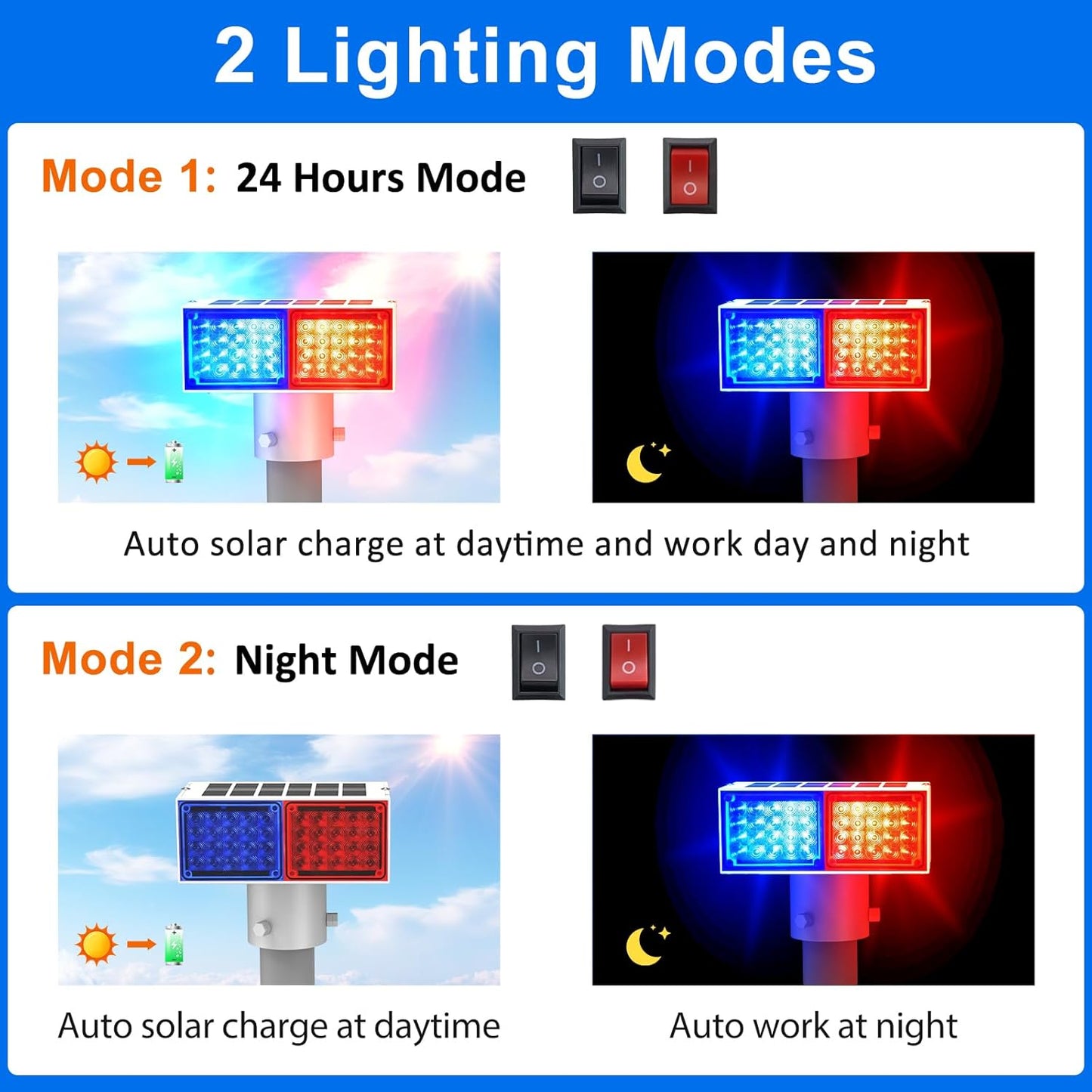 Aolyty Solar Strobe Light, Bright Red & Blue Light Flashing IP65 Waterproof Solar Warning Light Double-Sided Caution Lights 2 Modes 80 LEDs for Construction Site, Dock, Crossroad, Driveway (1)