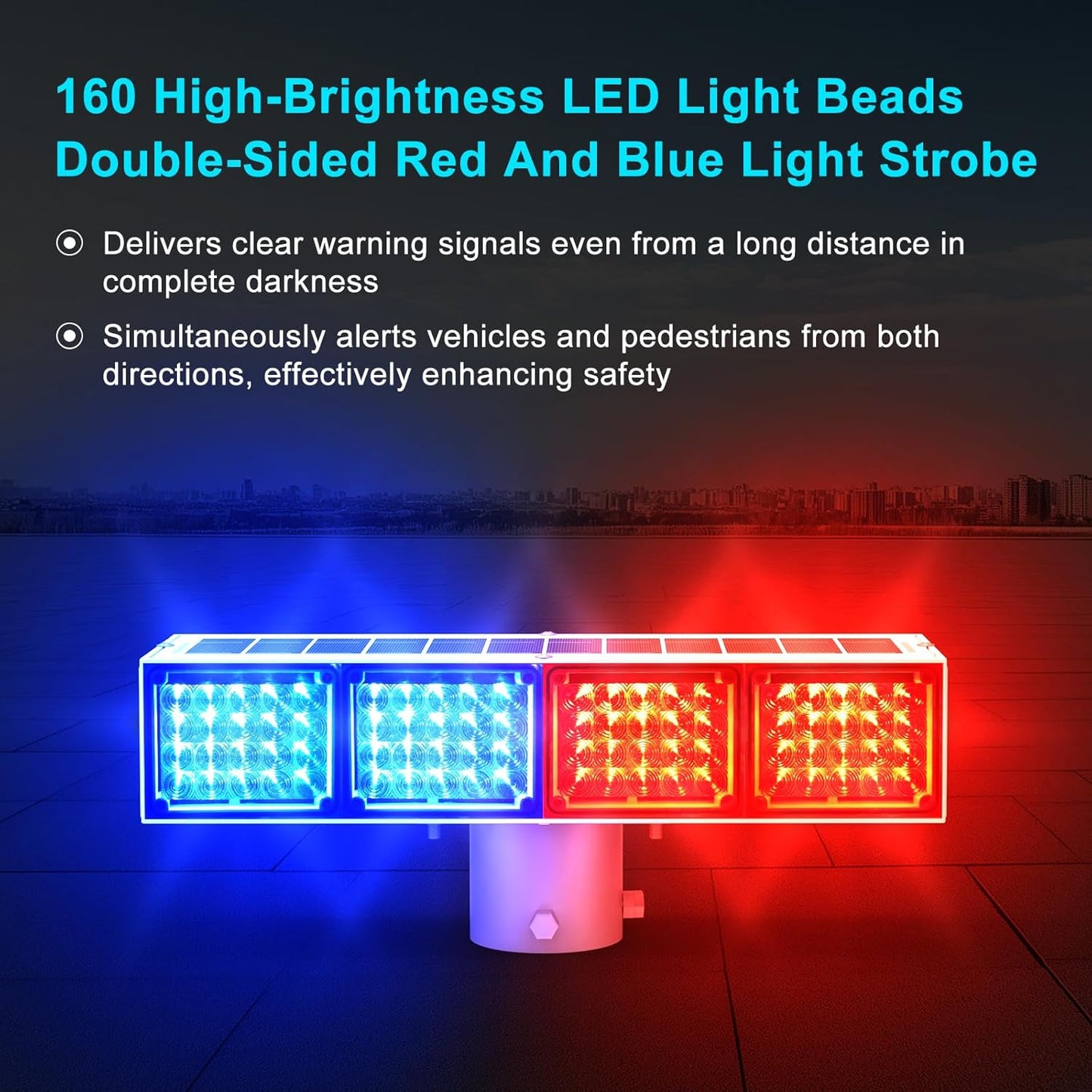 Aolyty Solar Strobe Light, Bright Red & Blue Light Flashing IP65 Waterproof Solar Warning Light Double-Sided Security Lights 2 Modes 160LEDS for Construction Site, Dock, Crossroad, Driveway