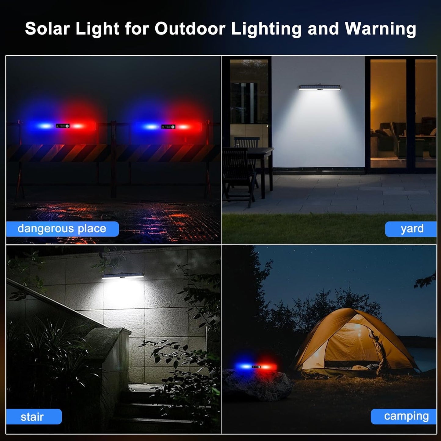 Aolyty Solar Lights Outdoor, 3 Work Modes Solar Strobe Lights Waterproof Wall Light Solar Warning Lights 4 Pack Bright White Light/Red & Blue Light Flashing for Garden Patio Yard Front Door Home