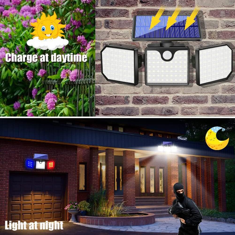 Aolyty Solar Motion Sensor Lights - IP65 Waterproof Solar Strobe Wall Lights with White, Red & Blue Flashing for Patio & Yard