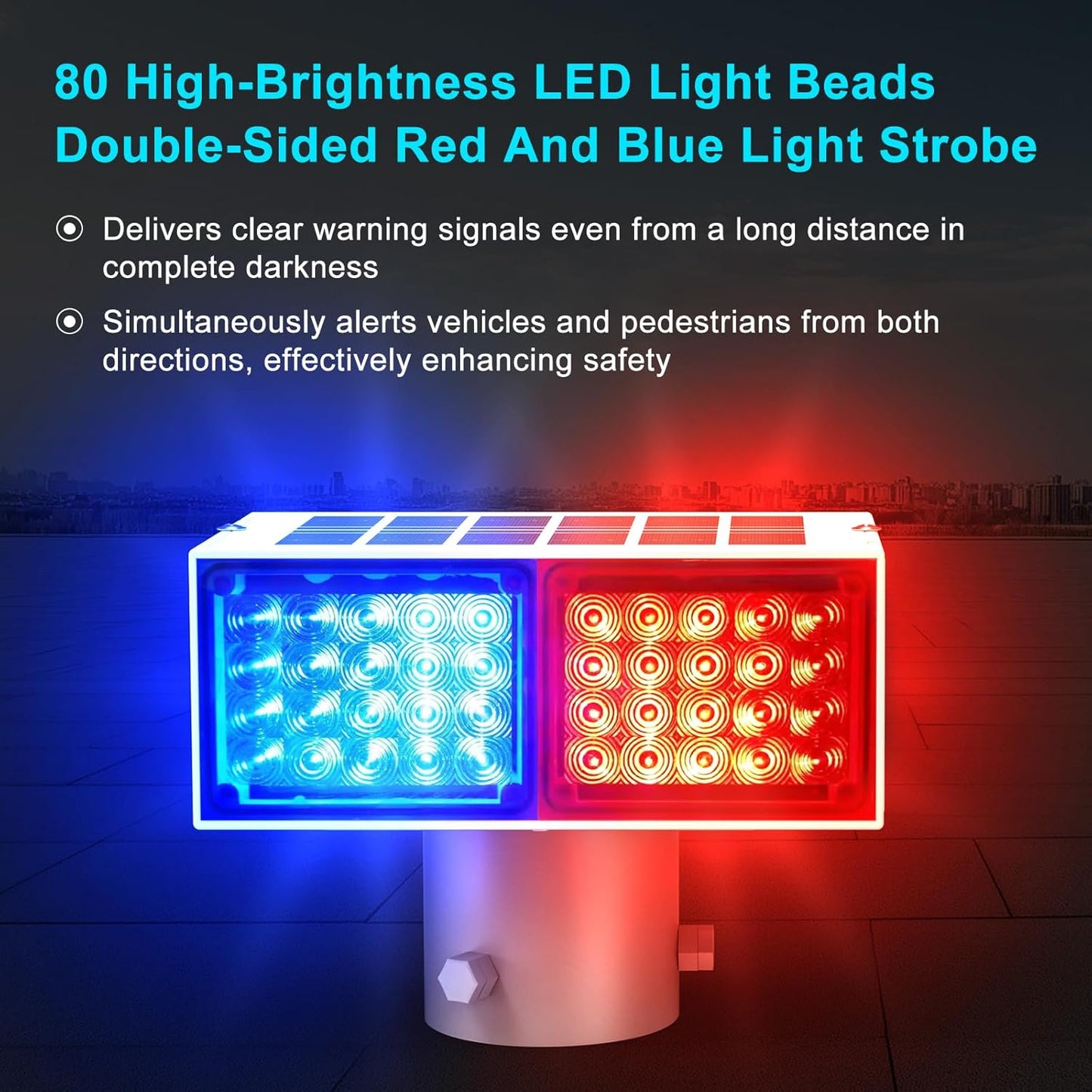 Aolyty Solar Strobe Light, Bright Red & Blue Light Flashing IP65 Waterproof Solar Warning Light Double-Sided Caution Lights 2 Modes 80 LEDs for Construction Site, Dock, Crossroad, Driveway (1)