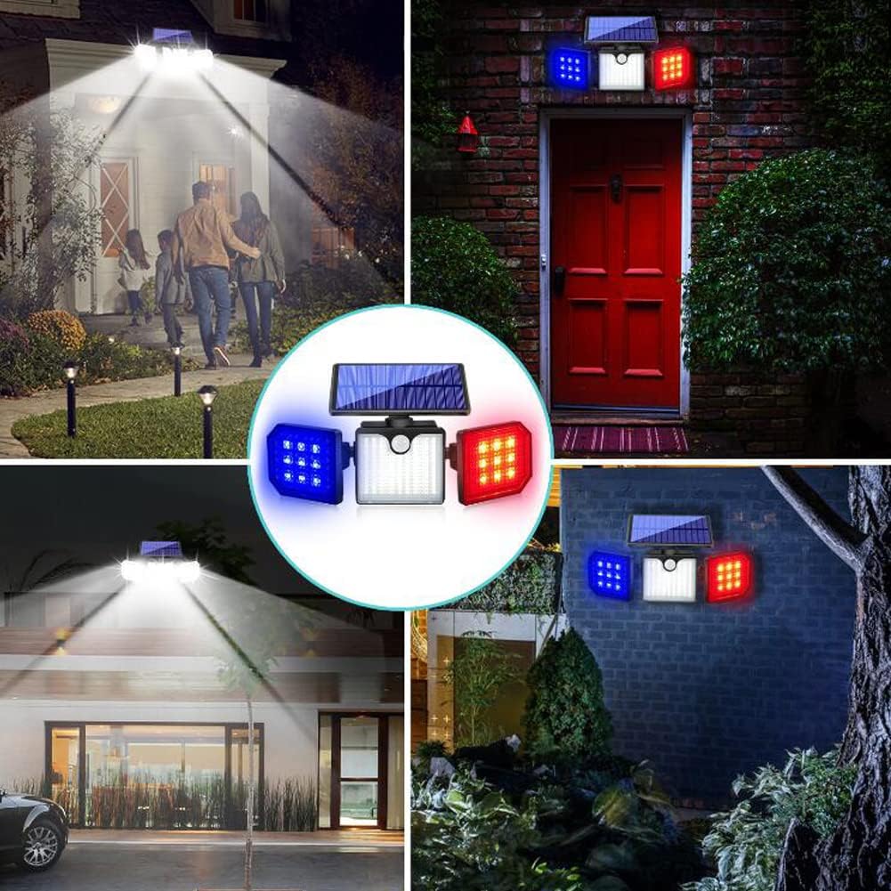 Aolyty Solar Motion Sensor Lights - IP65 Waterproof Solar Strobe Wall Lights with White, Red & Blue Flashing for Patio & Yard