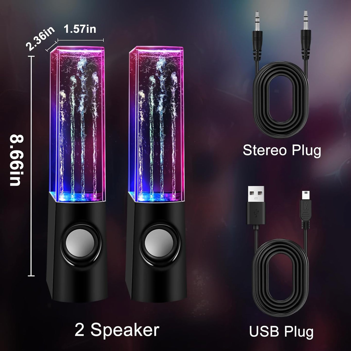 Aolyty Colorful LED Water Speaker with Dancing Fountain Light Show Sound for PC, MP3 Player, Laptops, Smartphone Black