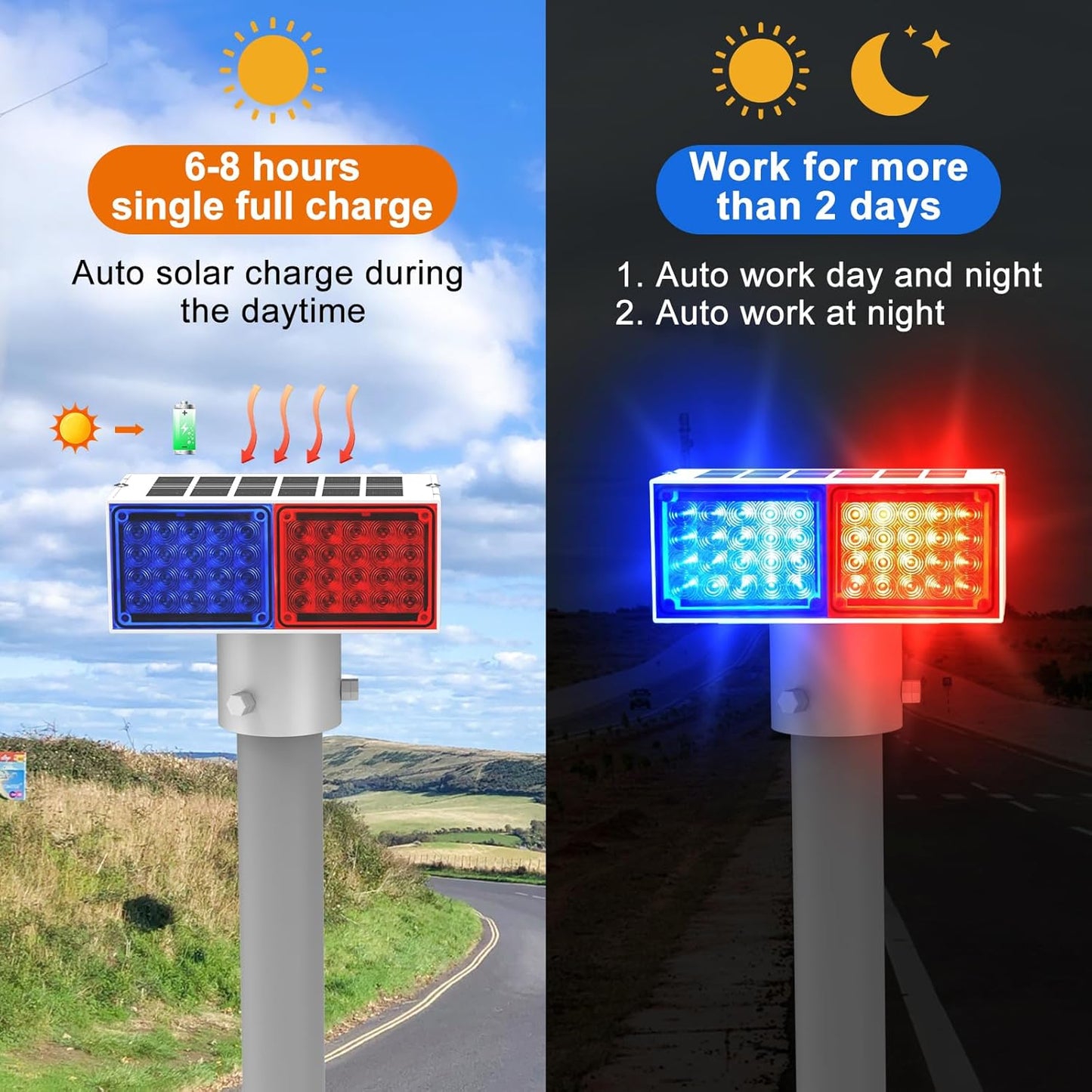 Aolyty Solar Strobe Light, Bright Red & Blue Light Flashing IP65 Waterproof Solar Warning Light Double-Sided Caution Lights 2 Modes 80 LEDs for Construction Site, Dock, Crossroad, Driveway (1)