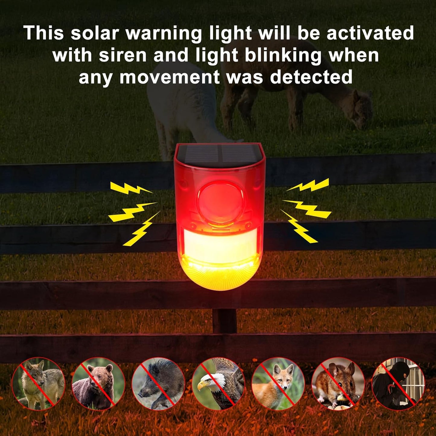 Aolyty Solar Motion Sensor Detector Siren Sound Alarm LED Warning Strobe Flashing Red Light Security Outdoor Waterproof Device Keep Animal Away for Home Warehouse Farm (Red Lampshade)