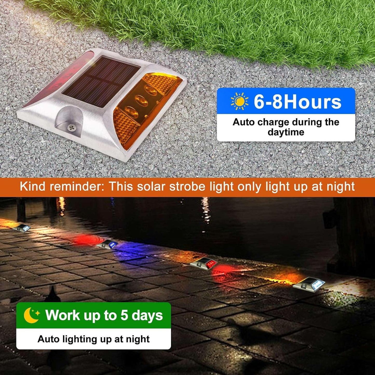 Aolyty Solar Driveway Lights Outdoor, Bright Solar Dock Lights, LED Warning Lights Reflective Road Marker Steady Light IP65 Waterproof for Deck Sidewalk Stair Step Pathway (Yellow & Red, 2 Pack)