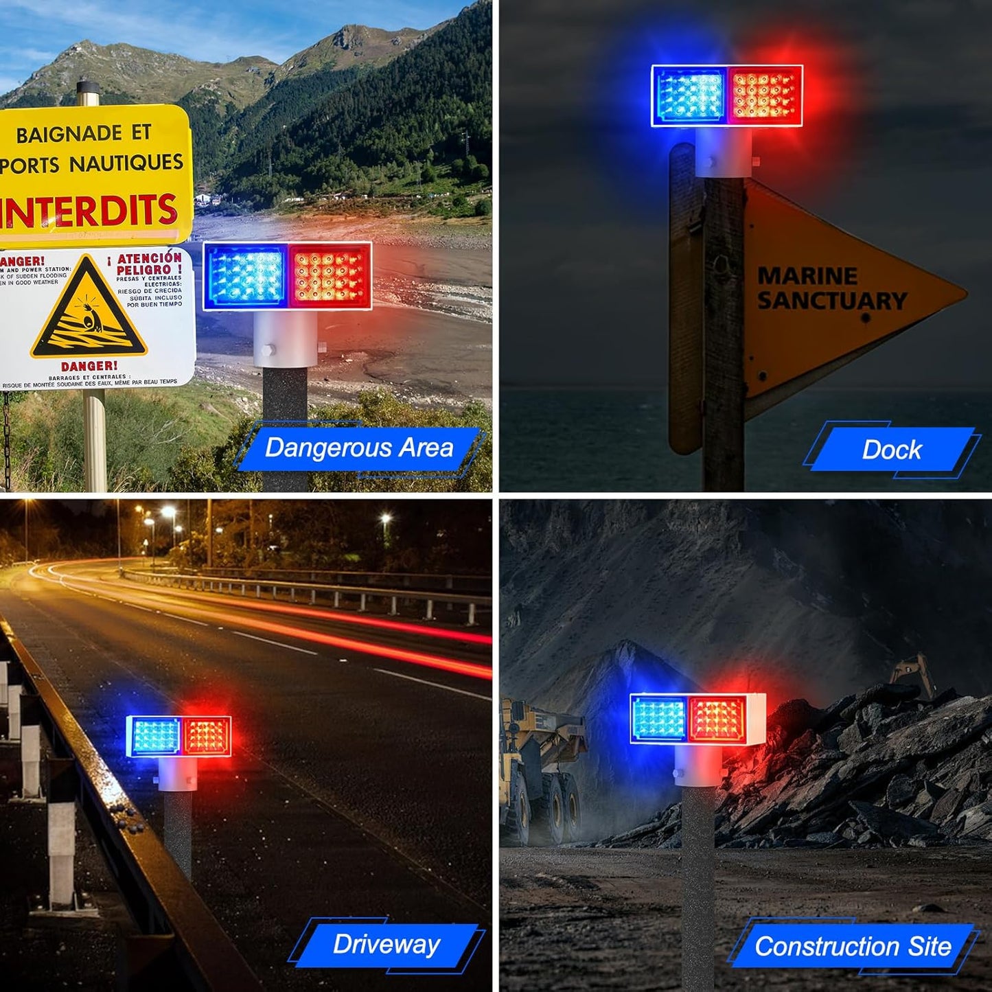 Aolyty Solar Strobe Light, Bright Red & Blue Light Flashing IP65 Waterproof Solar Warning Light Double-Sided Caution Lights 2 Modes 80 LEDs for Construction Site, Dock, Crossroad, Driveway (1)