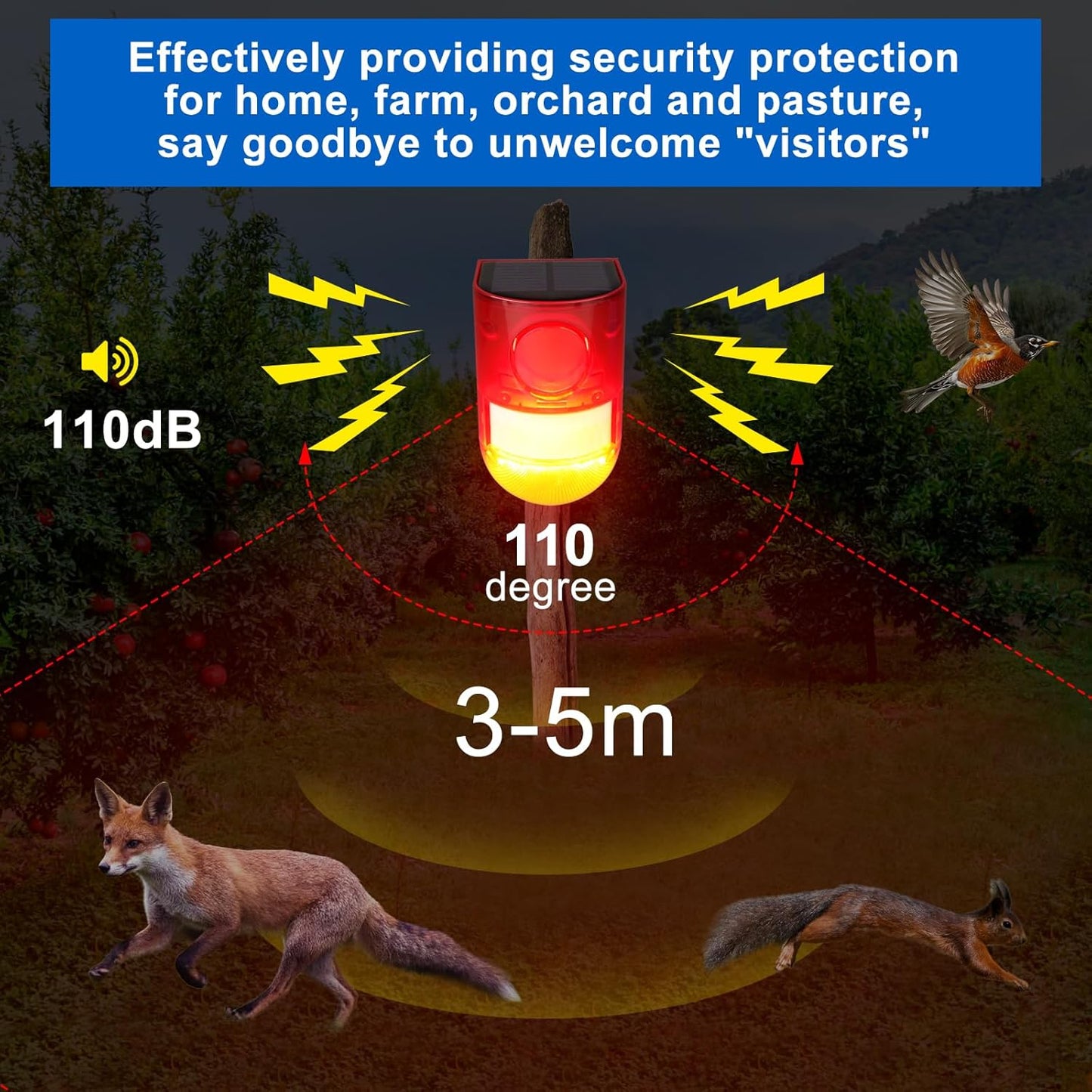 Aolyty Solar Motion Sensor Detector Siren Sound Alarm LED Warning Strobe Flashing Red Light Security Outdoor Waterproof Device Keep Animal Away for Home Warehouse Farm (Red Lampshade)